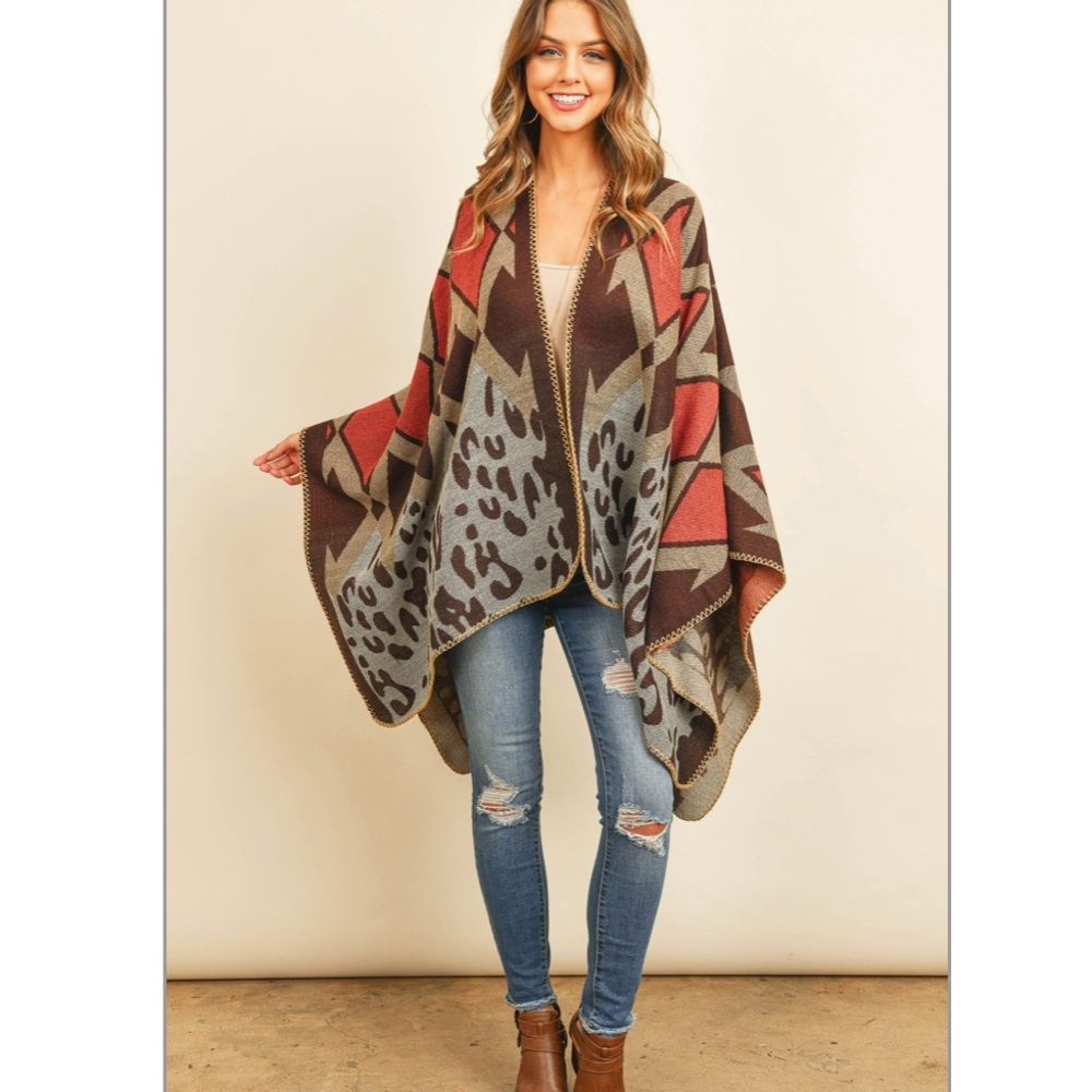 Chevron Leopard Print Sweater Open Front Poncho - image 3